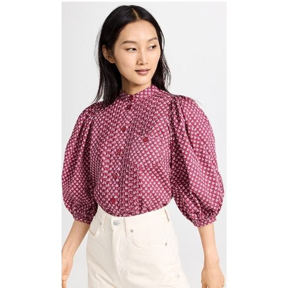 by TiMo Structured Cotton Shirt in Cranberry Floral Dots Medium Puff Sleeve - Picture 1 of 13